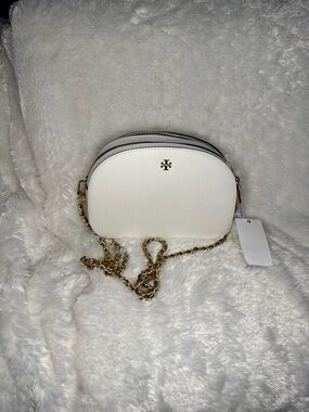 Tory Burch White Leather Crossbody with Gold Chain Trim
